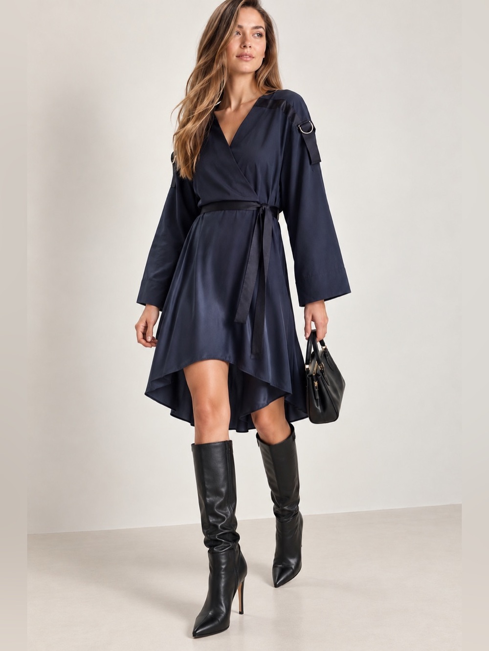 BAQA Navy Wrap Midi Dress D-Ring Strap Detail Belted Asymmetric Hem